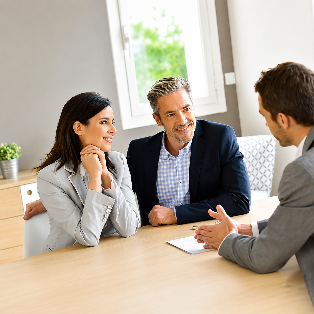 Couple souriant en rendez-vous avec un conseiller FINANCEMENT GROUP pour un financement professionnel