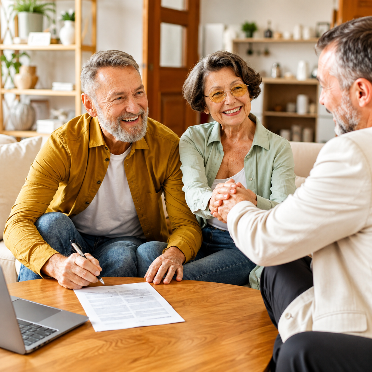 Couple senior signant un dossier de financement familial avec un conseiller